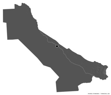 Başkenti beyaz arka planda izole edilmiş olan Türkmenistan ili Chardzhou 'nun şekli. Çift seviyeli yükseklik haritası. 3B görüntüleme