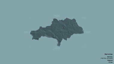Barnsley bölgesi, İngiltere idari bölgesi, sağlam bir arka planda izole edilmiş bir sınır kutusunda. Etiketler. Renkli yükseklik haritası. 3B görüntüleme