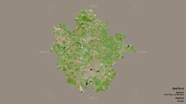 Bedford bölgesi, İngiltere idari bölgesi, sağlam bir arka planda izole edilmiş bir sınır kutusunda. Etiketler. Uydu görüntüleri. 3B görüntüleme