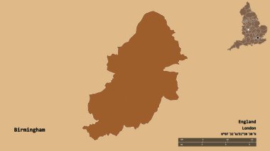 Birmingham 'ın şekli, İngiltere' nin idari ilçesi, başkenti sağlam arka planda izole edilmiş. Uzaklık ölçeği, bölge önizlemesi ve etiketleri. Desenli dokuların bileşimi. 3B görüntüleme