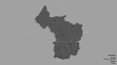 Bristol bölgesi, İngiltere 'nin üniter otoritesi, jeoreferatlı bir sınır kutusunda sağlam bir arka planda izole edilmiş. Etiketler. Çift seviyeli yükseklik haritası. 3B görüntüleme