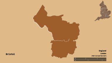 Bristol 'un şekli, İngiltere' nin üniter otoritesi, sermayesi sağlam arka planda izole edilmiş. Uzaklık ölçeği, bölge önizlemesi ve etiketleri. Desenli dokuların bileşimi. 3B görüntüleme