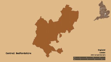 Merkez Bedfordshire 'ın şekli, İngiltere' nin idari ilçesi, başkenti sağlam arka planda izole edilmiş. Uzaklık ölçeği, bölge önizlemesi ve etiketleri. Desenli dokuların bileşimi. 3B görüntüleme