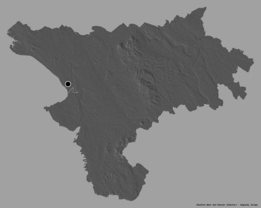 Cheshire West ve Chester 'ın şekli, İngiltere' nin idari ilçesi, başkenti sağlam bir renk arka planı ile izole edilmiş. Çift seviyeli yükseklik haritası. 3B görüntüleme
