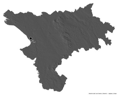 Cheshire West ve Chester, İngiltere 'nin idari ilçesi, başkenti beyaz arka planda izole edilmiş. Çift seviyeli yükseklik haritası. 3B görüntüleme