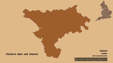 Cheshire West ve Chester 'ın şekli, İngiltere' nin idari ilçesi, başkenti sağlam arka planda izole edilmiş. Uzaklık ölçeği, bölge önizlemesi ve etiketleri. Desenli dokuların bileşimi. 3B görüntüleme