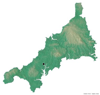 Cornwall, İngiltere 'nin idari ilçesi, başkenti beyaz arka planda izole edilmiş. Topografik yardım haritası. 3B görüntüleme
