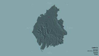 Cumbria bölgesi, İngiltere idari bölgesi, sağlam bir arka planda izole edilmiş bir sınır kutusunda. Etiketler. Renkli yükseklik haritası. 3B görüntüleme