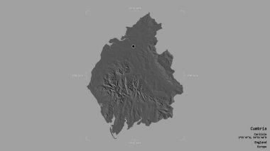 Cumbria bölgesi, İngiltere idari bölgesi, sağlam bir arka planda izole edilmiş bir sınır kutusunda. Etiketler. Çift seviyeli yükseklik haritası. 3B görüntüleme