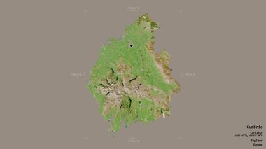 Cumbria bölgesi, İngiltere idari bölgesi, sağlam bir arka planda izole edilmiş bir sınır kutusunda. Etiketler. Uydu görüntüleri. 3B görüntüleme
