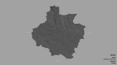 Derby bölgesi, İngiltere 'nin üniter otoritesi, jeoreferatlı bir sınır kutusunda sağlam bir arka planda izole edilmiş. Etiketler. Çift seviyeli yükseklik haritası. 3B görüntüleme