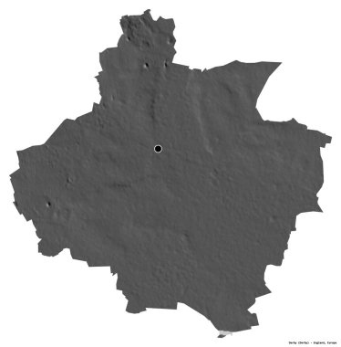 Derby 'nin şekli, İngiltere' nin üniter otoritesi, başkenti beyaz arka planda izole edilmiş. Çift seviyeli yükseklik haritası. 3B görüntüleme