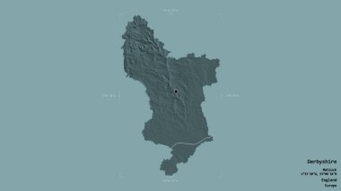 Derbyshire bölgesi, İngiltere idari bölgesi, sağlam bir arka planda izole edilmiş bir sınır kutusunda. Etiketler. Renkli yükseklik haritası. 3B görüntüleme