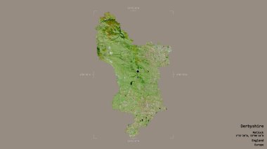 Derbyshire bölgesi, İngiltere idari bölgesi, sağlam bir arka planda izole edilmiş bir sınır kutusunda. Etiketler. Uydu görüntüleri. 3B görüntüleme