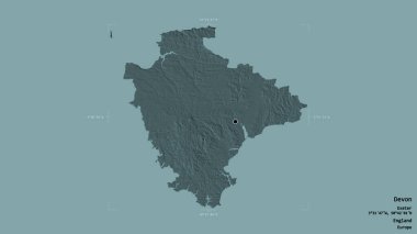 Devon bölgesi, İngiltere idari bölgesi, sağlam bir arka planda izole edilmiş bir sınır kutusunda. Etiketler. Renkli yükseklik haritası. 3B görüntüleme