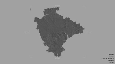 Devon bölgesi, İngiltere idari bölgesi, sağlam bir arka planda izole edilmiş bir sınır kutusunda. Etiketler. Çift seviyeli yükseklik haritası. 3B görüntüleme