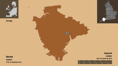 Devon 'ın şekli, İngiltere idari kontluğu ve başkenti. Uzaklık ölçeği, ön gösterimler ve etiketler. Desenli dokuların bileşimi. 3B görüntüleme
