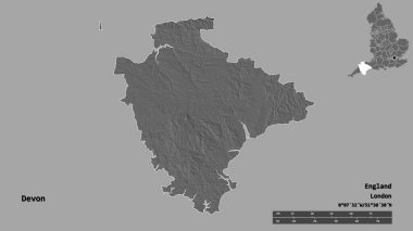 Devon 'ın şekli, İngiltere' nin idari ilçesi, başkenti sağlam arka planda izole edilmiş. Uzaklık ölçeği, bölge önizlemesi ve etiketleri. Çift seviyeli yükseklik haritası. 3B görüntüleme