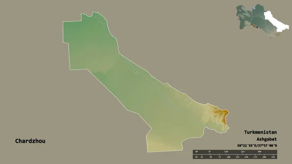 土库曼斯坦查尔州的形状 其首都在坚实的背景下与世隔绝 距离尺度 区域预览和标签 地形浮雕图 3D渲染 — 图库照片