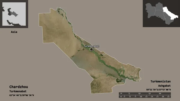 土库曼斯坦查尔州的形状及其首都 距离刻度 预览和标签 卫星图像 3D渲染 — 图库照片