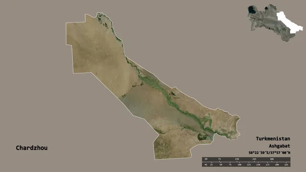 土库曼斯坦查尔州的形状 其首都在坚实的背景下与世隔绝 距离尺度 区域预览和标签 卫星图像 3D渲染 — 图库照片