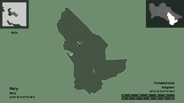 メアリー トルクメニスタンの州とその首都の形状 距離スケール プレビューおよびラベル 色の標高マップ 3Dレンダリング — ストック写真