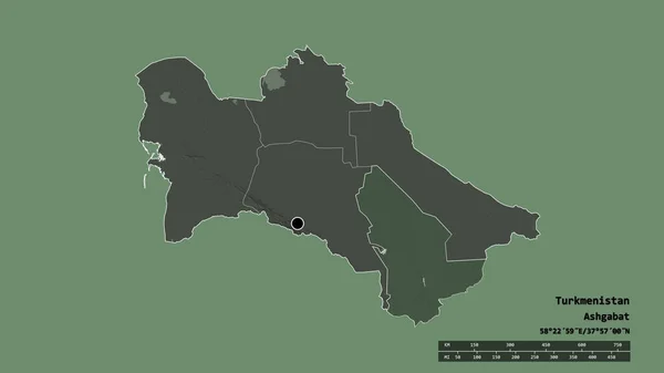 主要な地域部門と分離されたメアリー地域とトルクメニスタンの荒廃した形 ラベル 色の標高マップ 3Dレンダリング — ストック写真