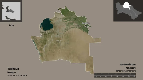 タシャウズ トルクメニスタンの州とその首都の形 距離スケール プレビューおよびラベル 衛星画像 3Dレンダリング — ストック写真