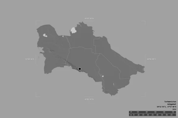 土库曼斯坦的一个地区被隔离在一个地理参照框的坚实背景中 主要区域分部 距离标度 Bilevel高程图 3D渲染 — 图库照片
