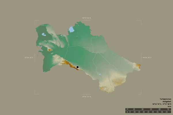 トルクメニスタンの地域は 洗練された境界の箱の中にしっかりとした背景に隔離されました 主な地域部門 距離スケール ラベル 地形図 3Dレンダリング — ストック写真