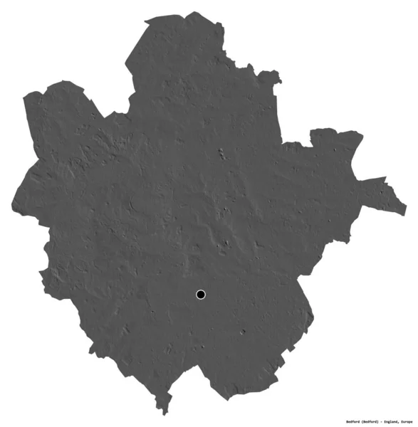 イギリスの行政郡ベドフォードの形で その首都は白い背景に孤立している 標高マップ 3Dレンダリング — ストック写真