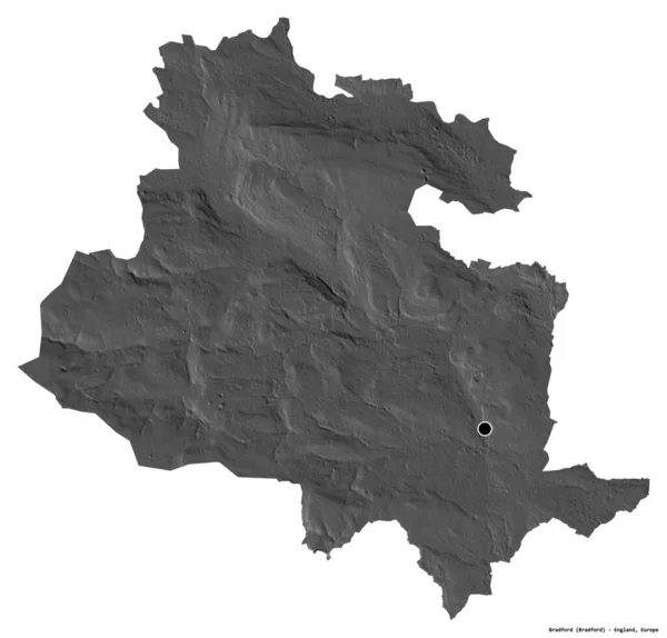 イギリスの行政郡ブラッドフォードの形であり その首都は白人の背景に孤立していた 標高マップ 3Dレンダリング — ストック写真