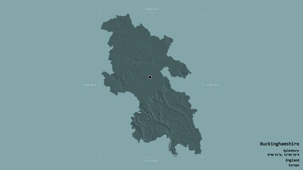 イングランドの行政郡バッキンガムシャーの地域は 洗練された境界の箱の中にしっかりとした背景に孤立していた ラベル 色の標高マップ 3Dレンダリング — ストック写真