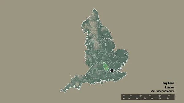 主要な地域部門と分離されたバッキンガムシャー地域とイングランドの荒廃した形 ラベル 地形図 3Dレンダリング — ストック写真