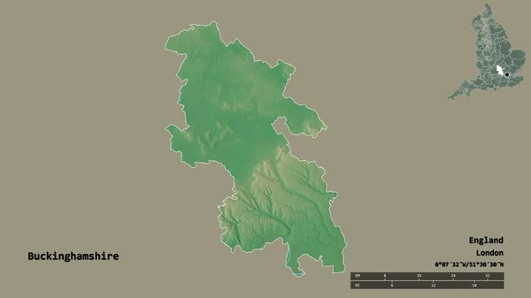 Shape of Buckinghamshire, administrative county of England, with its capital isolated on solid background. Distance scale, region preview and labels. Topographic relief map. 3D rendering