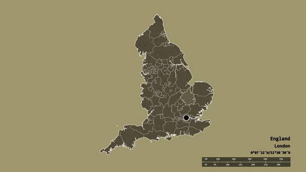 主要な地域部門と分離されたケンブリッジシャー地域とイングランドの荒廃した形 ラベル 色の標高マップ 3Dレンダリング — ストック写真