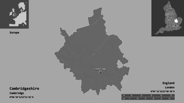 ケンブリッジシャー イングランドの行政郡とその首都の形 距離スケール プレビューおよびラベル 標高マップ 3Dレンダリング — ストック写真