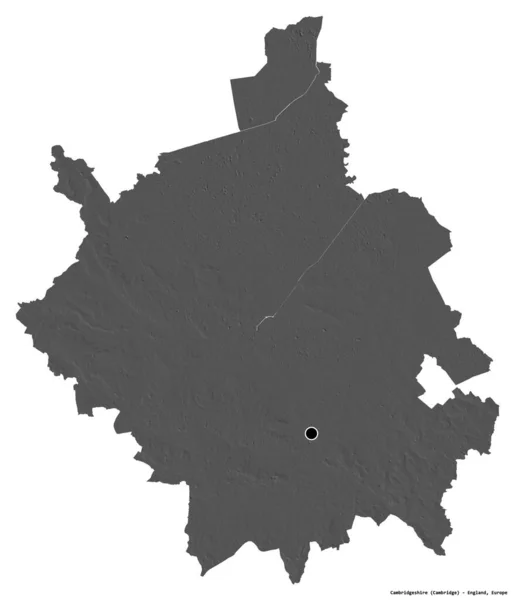 英格兰行政县坎布里奇郡 Cambridgeshire 的形状 其首府因白人背景而孤立 Bilevel高程图 3D渲染 — 图库照片