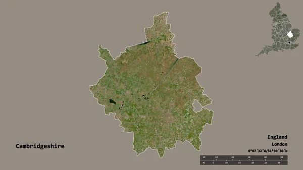 イギリスの行政郡であるカンブリジシャーの形で その首都はしっかりとした背景に孤立している 距離スケール リージョンプレビュー およびラベル 衛星画像 3Dレンダリング — ストック写真