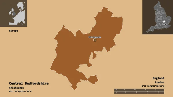 中央ベドフォードシャー イングランドの行政郡 およびその首都の形 距離スケール プレビューおよびラベル パターン化されたテクスチャの構成 3Dレンダリング — ストック写真