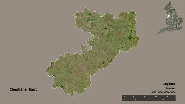 柴郡东部的形状 英格兰的行政县 它的首都孤立的坚实的背景 距离尺度 区域预览和标签 卫星图像 3D渲染 — 图库照片