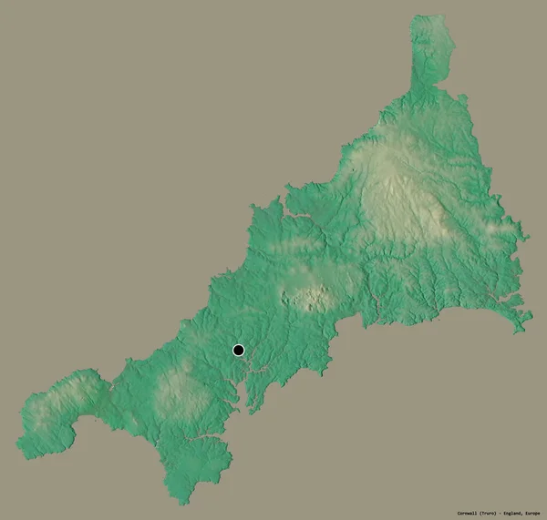 英格兰行政县康沃尔的形状 其首府以纯色背景隔离 地形浮雕图 3D渲染 — 图库照片