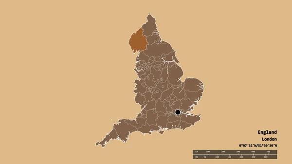 英格兰以其首都 主要的区域区划和分隔的坎布里亚地区为首都的退化形态 图形纹理的组成 3D渲染 — 图库照片
