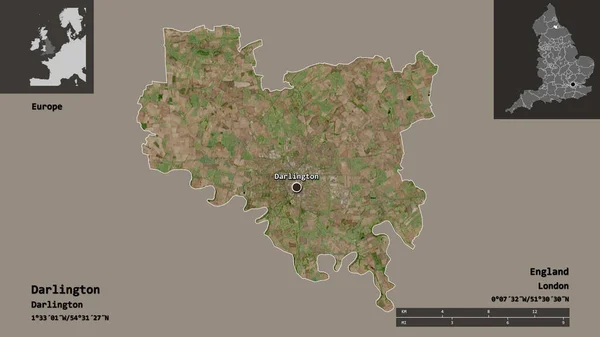 达林顿的形状 英格兰的单一政权 以及它的首都 距离刻度 预览和标签 卫星图像 3D渲染 — 图库照片
