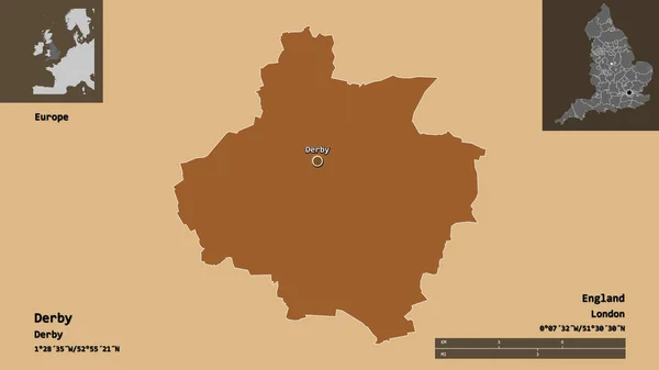 ダービーの形 イギリスの統一的権威 およびその首都 距離スケール プレビューおよびラベル パターン化されたテクスチャの構成 3Dレンダリング — ストック写真