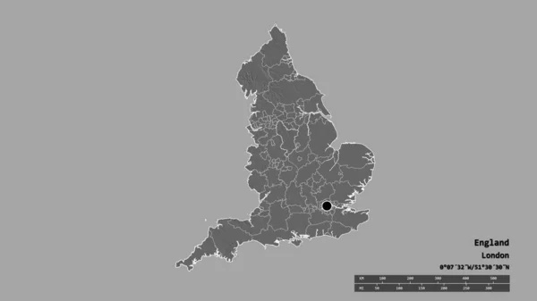 主要地域部門 分離されたダービーシャー地域でイングランドの荒廃した形 ラベル 標高マップ 3Dレンダリング — ストック写真