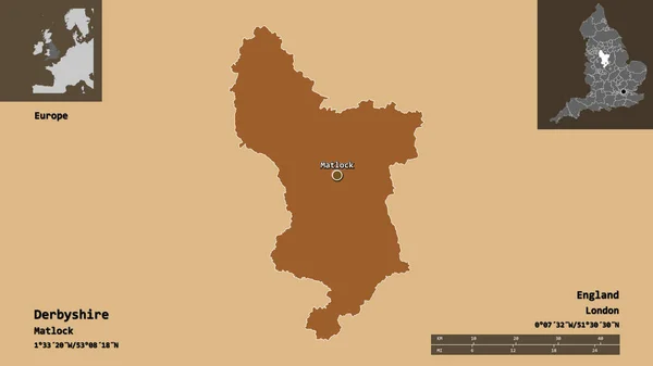 ダービーシャー イングランドの行政郡とその首都の形 距離スケール プレビューおよびラベル パターン化されたテクスチャの構成 3Dレンダリング — ストック写真