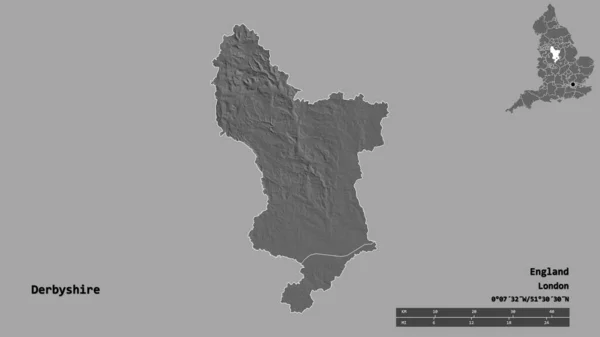 英格兰行政县德比郡的形状 其首府在坚实的背景上与世隔绝 距离尺度 区域预览和标签 Bilevel高程图 3D渲染 — 图库照片