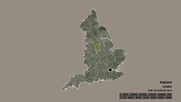 主要地域部門 分離されたダービーシャー地域でイングランドの荒廃した形 ラベル 衛星画像 3Dレンダリング — ストック写真