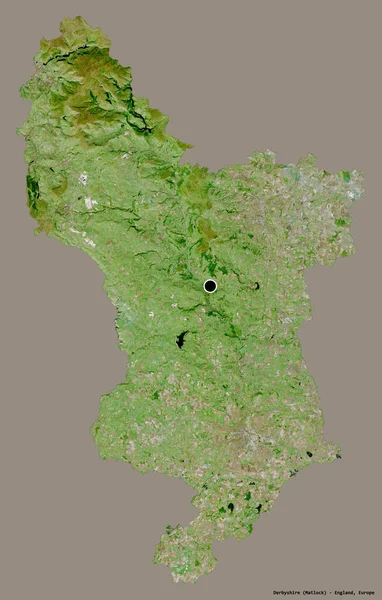 イングランドの行政郡ダービーシャーの形で その首都はしっかりとした色の背景に隔離されている 衛星画像 3Dレンダリング — ストック写真